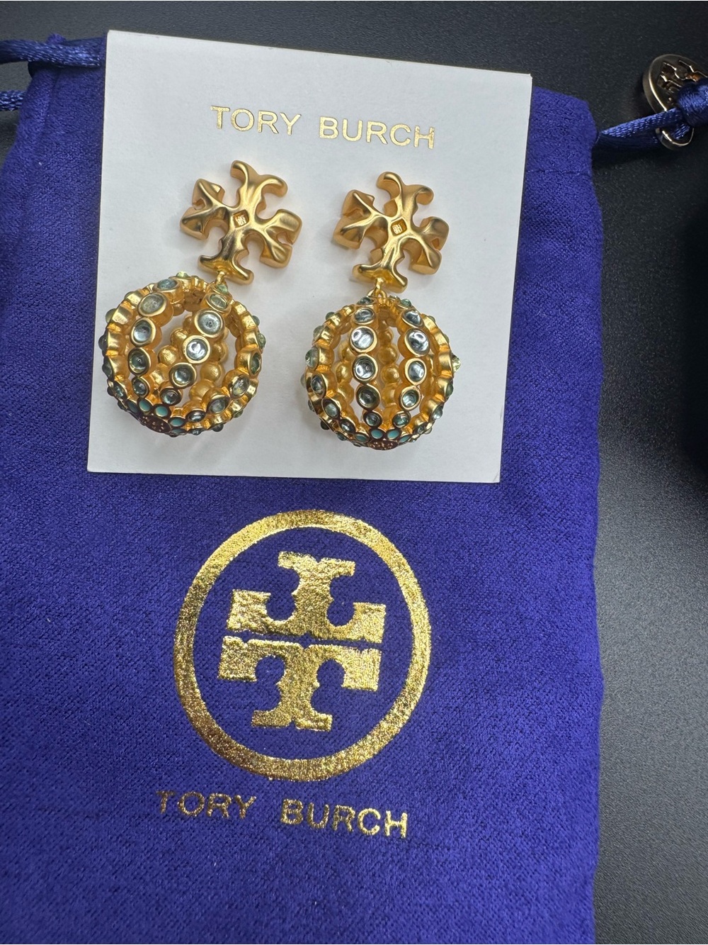 Tory Burch Gold Tumbled Crystal Disc Drop Earrings